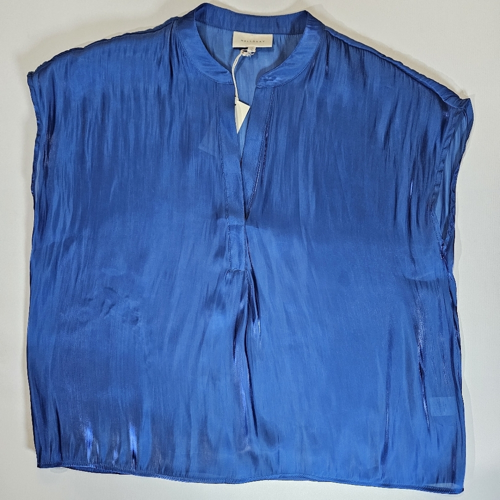 Melloday‎ Womens Blouse XL Royal Blue Sleeveless Sheer V-neck Office Career Top